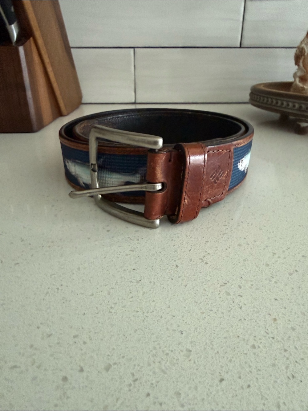 Columbia Brown Leather & Blue Canvas Belt with Metal Buckle SZ 34